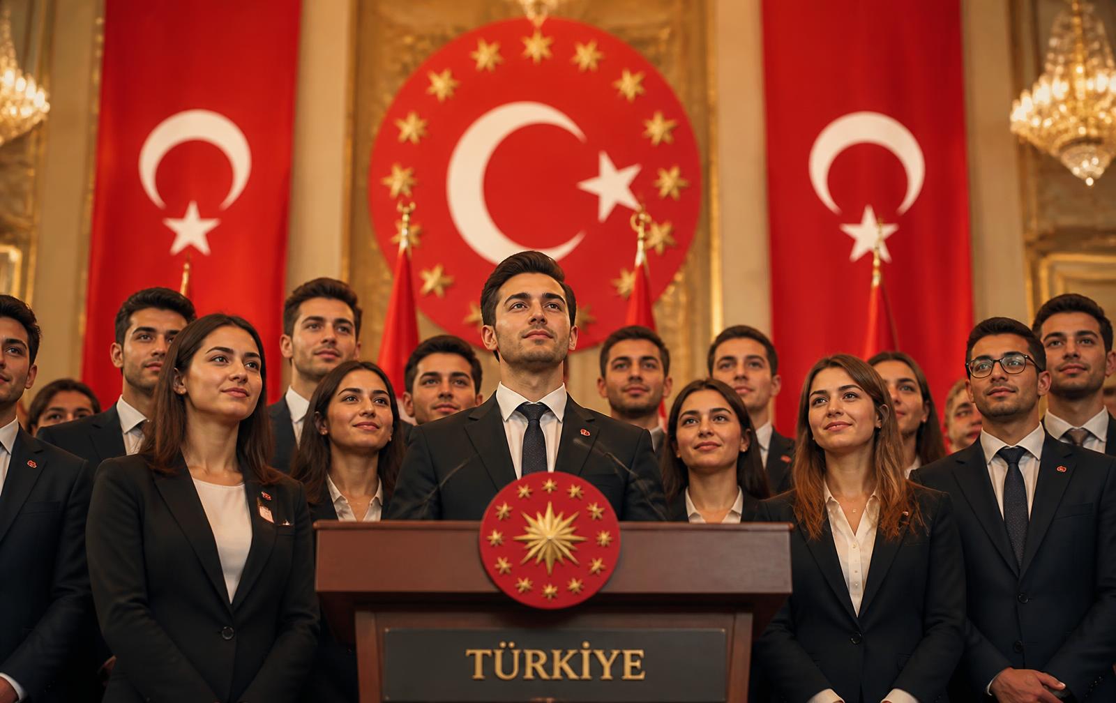 Kürsüde konuşma yapan genç kadın